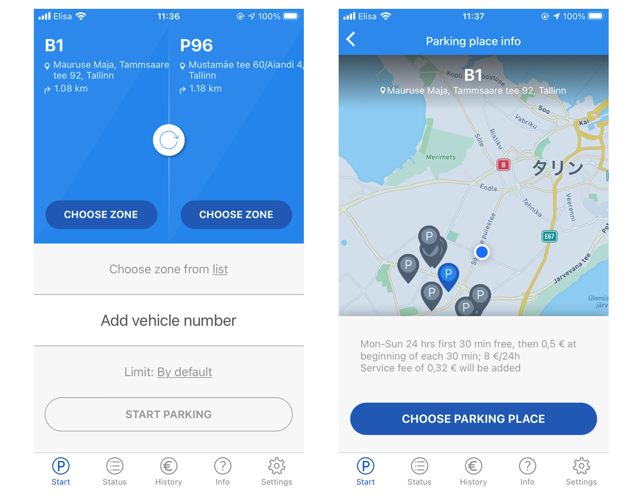 モバイルパーキングアプリで車を駐車する画面