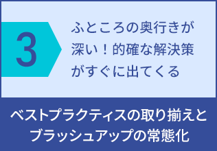 3、お客さまの観点、ふところの奥行きが深い！的確な解決策がすぐに出てくる。当社の観点、ベストプラクティスの取り揃えとブラッシュアップの常態化